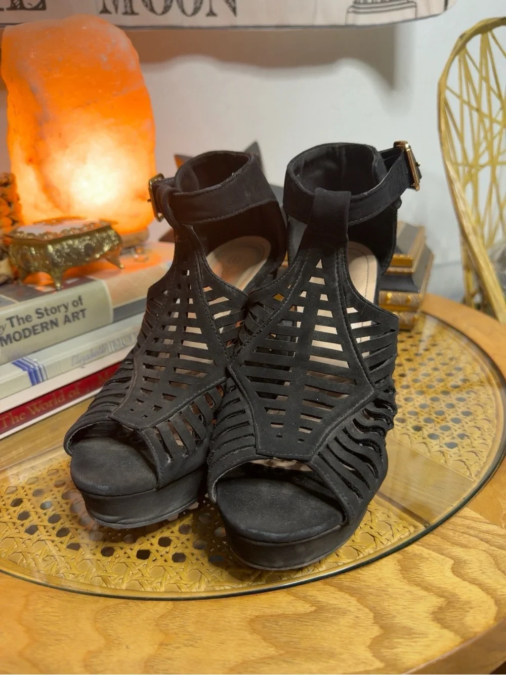 Top Moda Abella 3 Black Cutout Platform Wedge Sandals Size 8